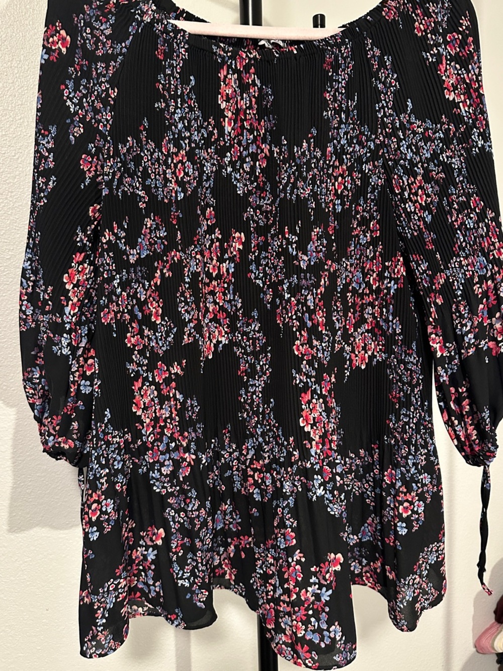 Roz & Ali Black Floral Off-Shoulder Tunic with Pink & Blue Blossoms